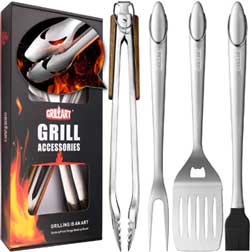 GrillArt Grilling Tools for Backyard Barbecues: Fork, Tongs, Spatula and Basting Brush